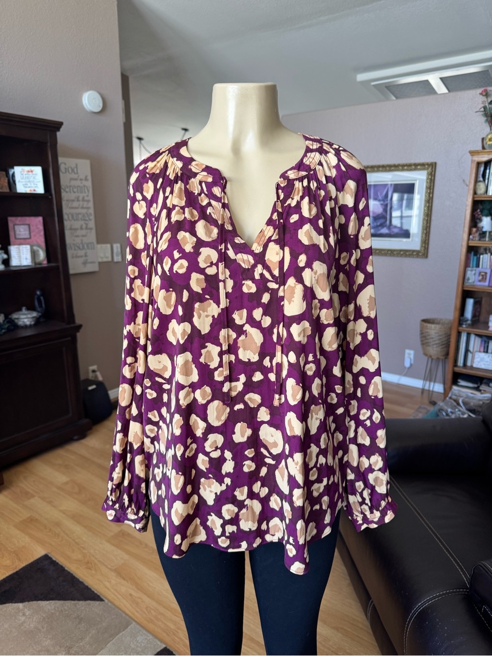 Nine West brown, tan and yellow long sleeve V-neck silky blouse-size L